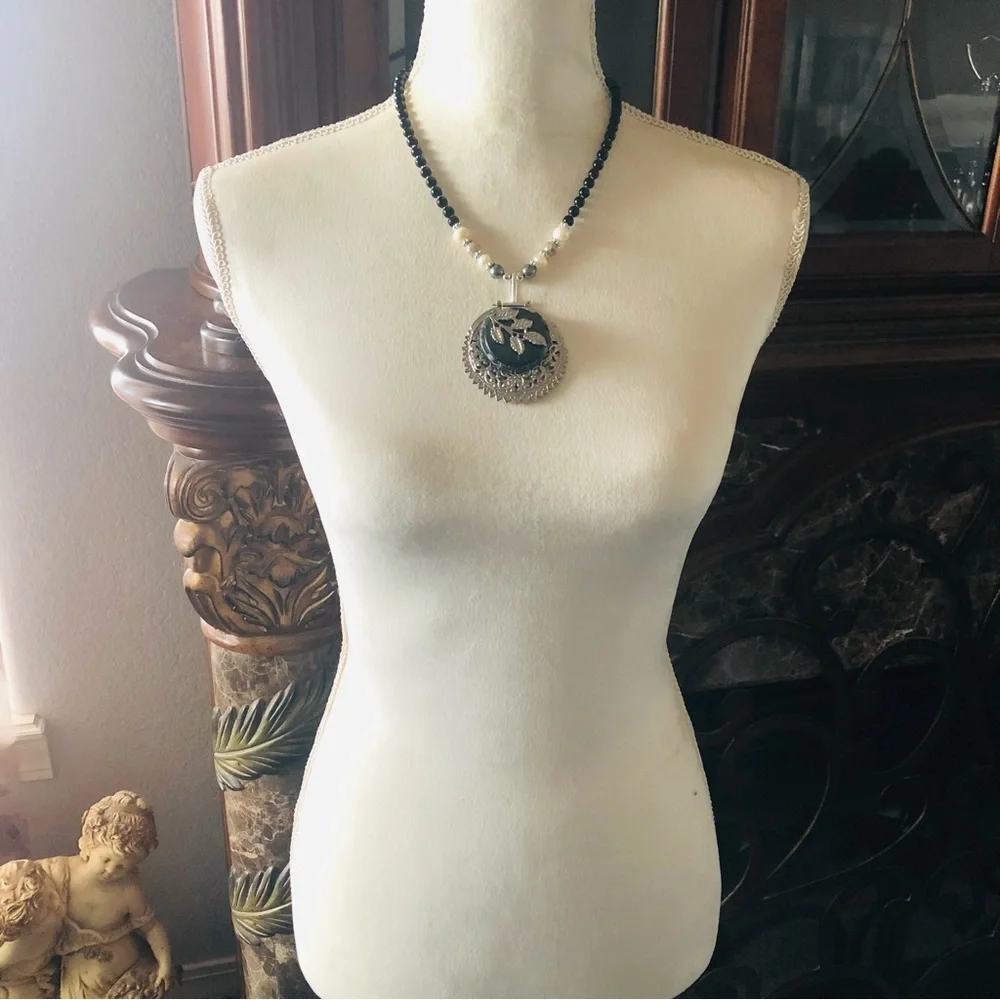 Handcrafted repurpose filigree leaf pendant Czech glass Pearl necklace